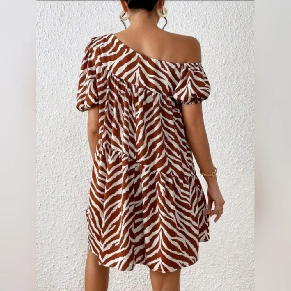 Puff Sleeve Ruffle Hem One Shoulder Smock Dress NWOT Asymmetrical Neck - Picture 3 of 6